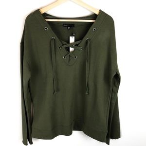 SANCTUARY LACE UP V-NECK RAW EDGE SWEATER